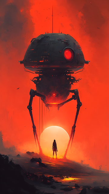 Ominous Sci Fi Tripod War Machine Over Red Alien Planet Art - Free mobile Wallpaper