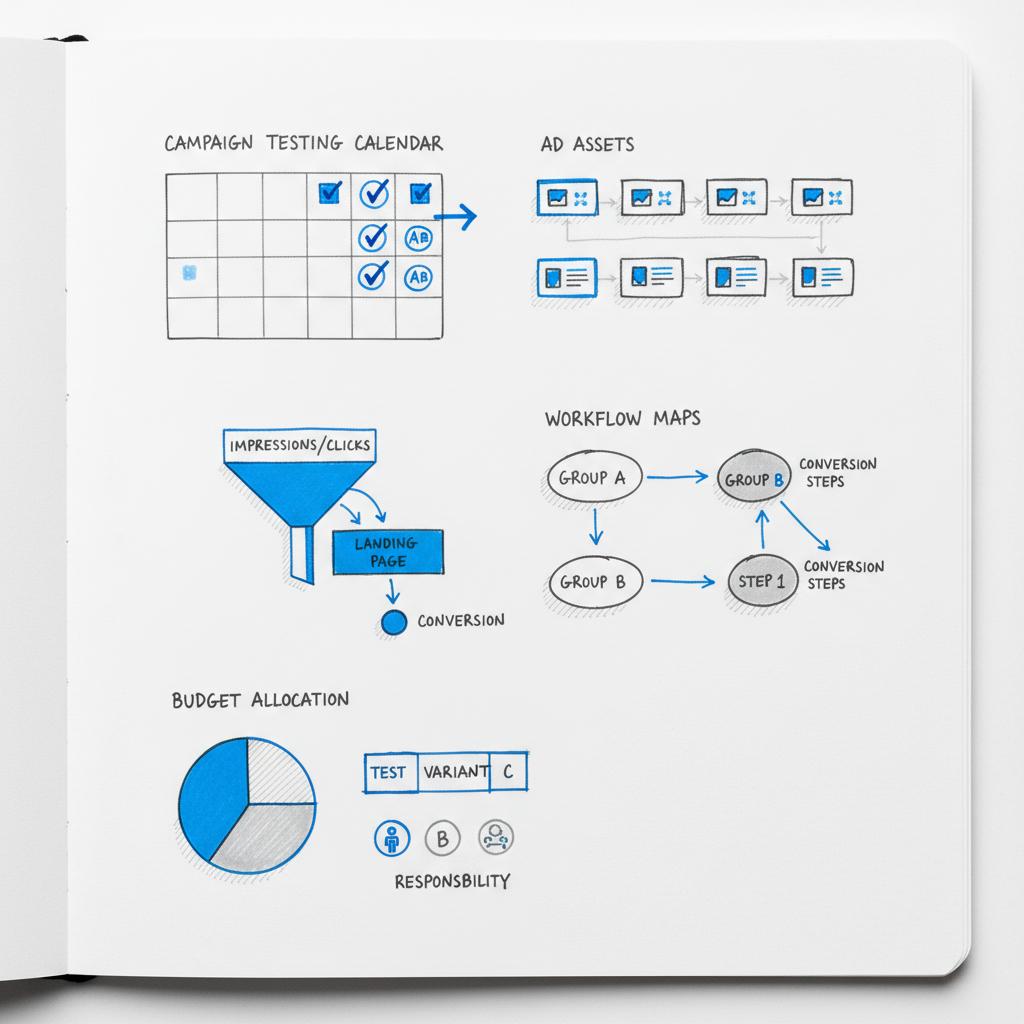 Close-up notebook-style planning page for a pay-per-click specialist showing a campaign testing calendar, ad asset boxes, mini funnel and workflow sketches on white background