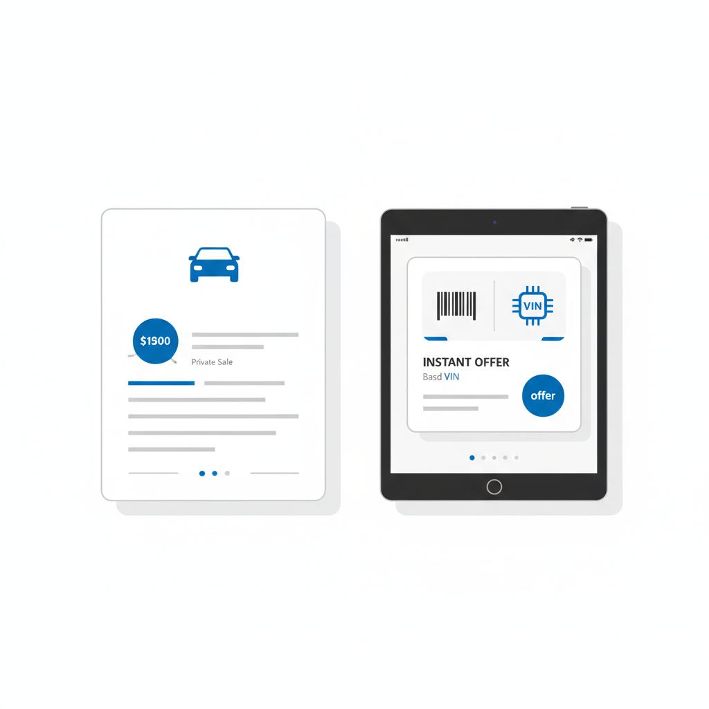 Minimalist vector split screen showing a private sale listing page on the left and a tablet with a VIN based instant offer on the right carvana car value