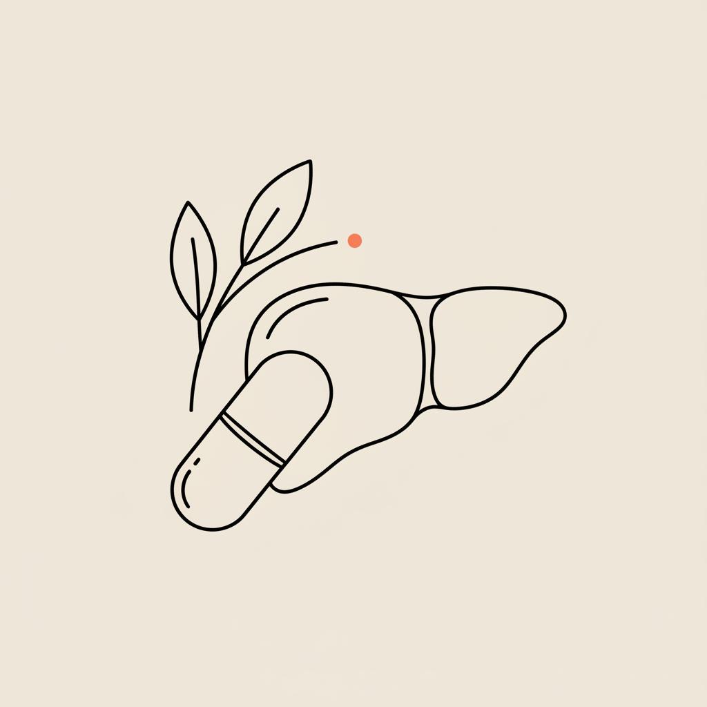 Minimalist line illustration of a capsule, olive leaf and simple liver silhouette on beige background, representing liver detox — how long to detox liver
