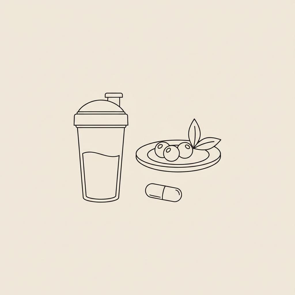 Minimalist line illustration of a shaker bottle, small plate with berries, a capsule and a leaf on a beige background, representing protein shakes for weight loss.