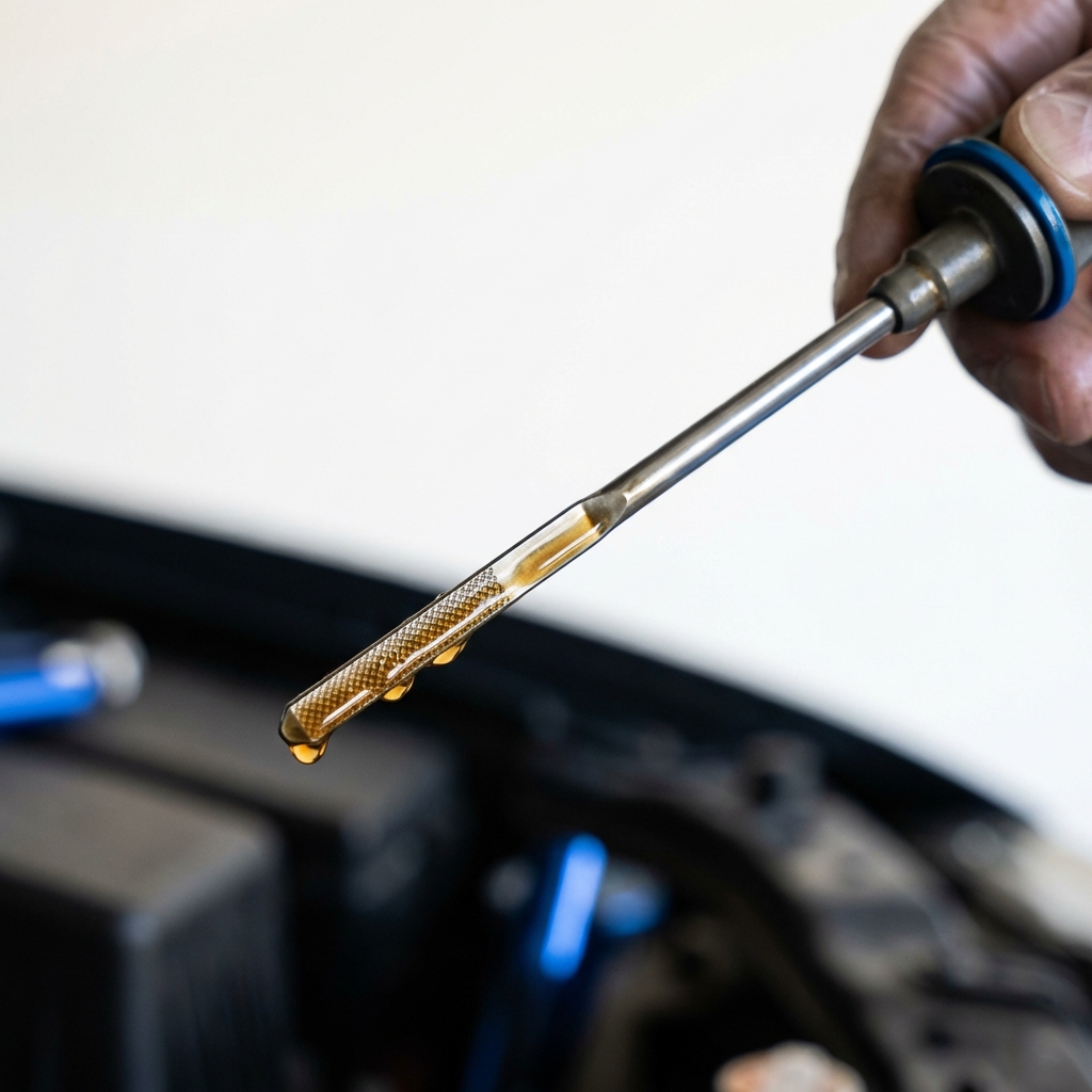 Close up of engine oil dipstick with visible oil being checked in a clean garage setting CarFax Deals jeep wrangler for sale