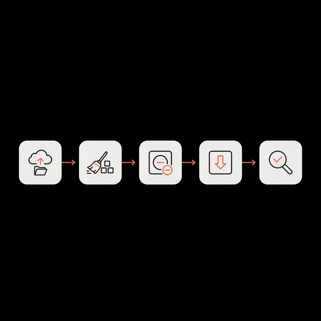 Minimal 2D vector timeline of five flat icons (backup, clear cache, uninstall, reinstall, verify) illustrating steps to reinstall Facebook without losing data; black background, grey icons, orange accents.