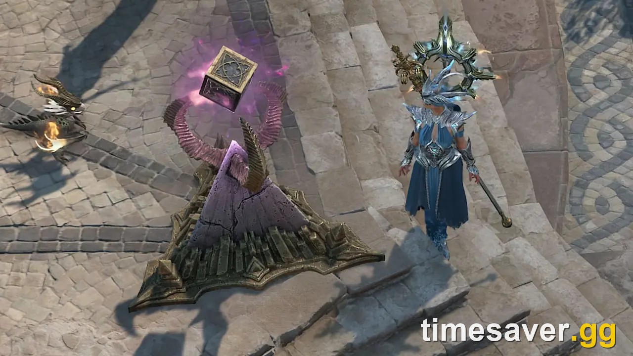 Diablo 4 character teleporting through a purple arcane portal in Season 15