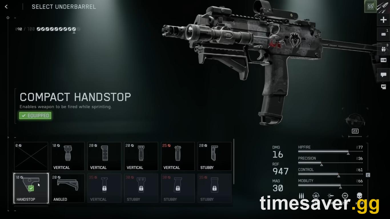 Battlefield 6 gunsmith underbarrel attachment screen showing a compact weapon with damage, rate of fire, precision and control stat bars