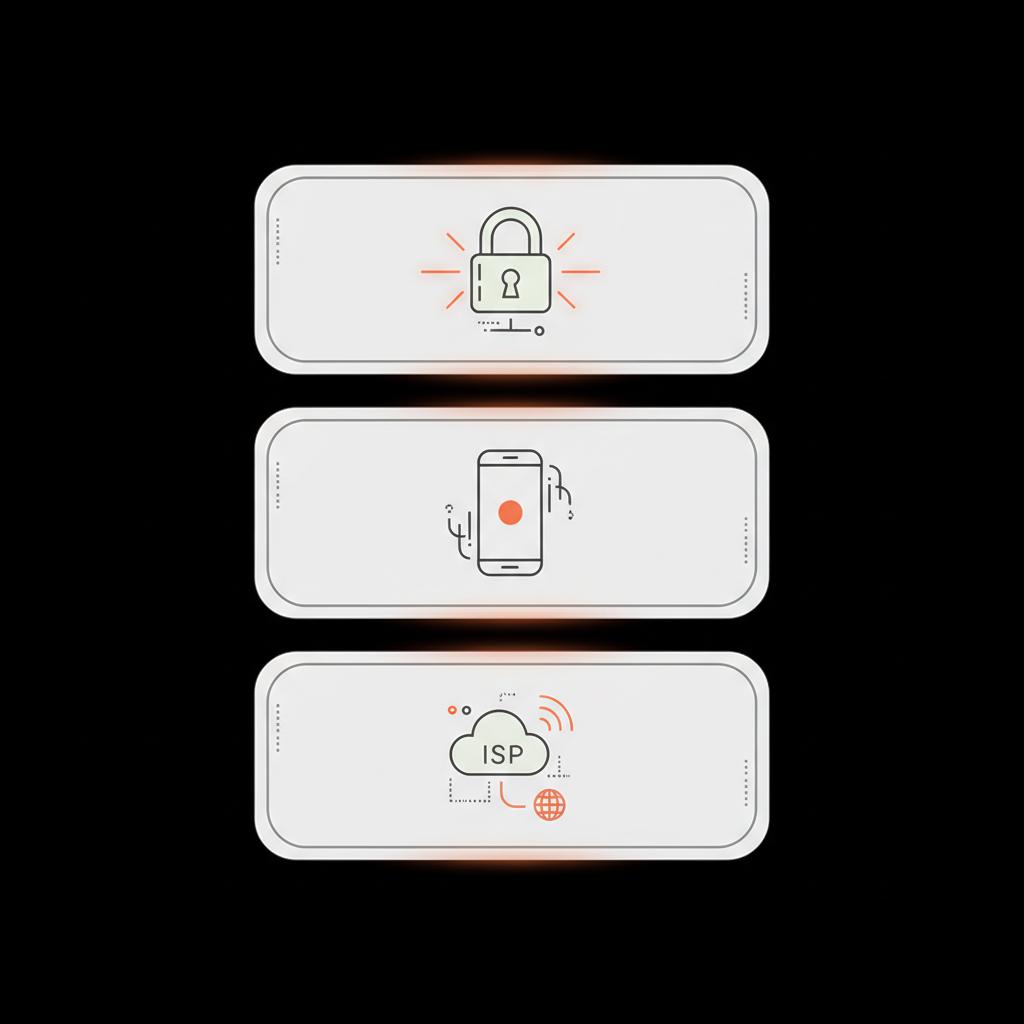 Minimal full-frame infographic of three stacked layers—lock icon for encryption, phone icon for device, cloud icon for ecosystem—illustrating secure messaging apps in brand colors