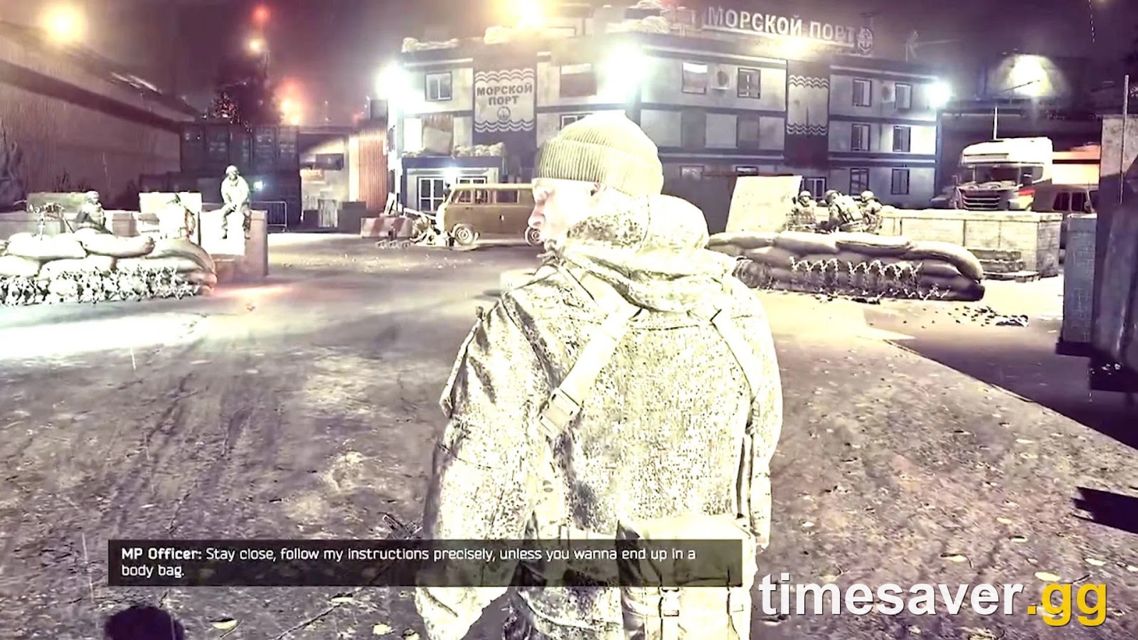 Night-time view of the Terminal (Sea Port) map in Escape from Tarkov, where the best-equipped Black Division spawn