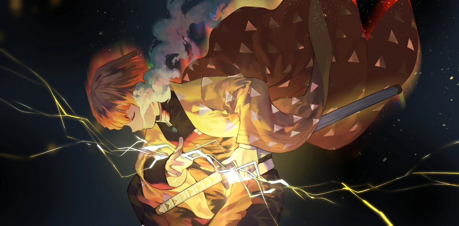 Zenitsu Agatsuma, Demon Slayer, Anime, Lightning 2K Wallpaper Background (3472x1715)