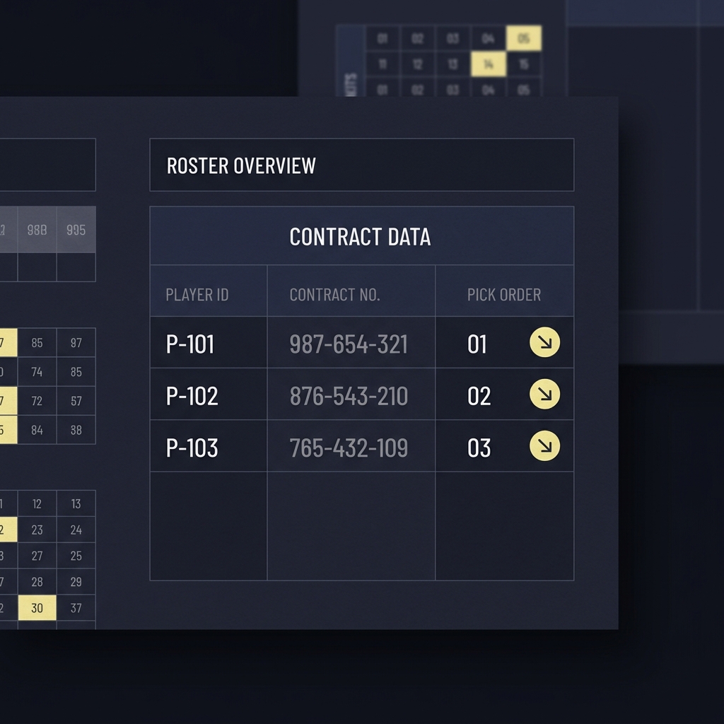 Close up infographic roster sheet with contract numbers and pick icons on dark Funded Plays style background hawks cavs prediction