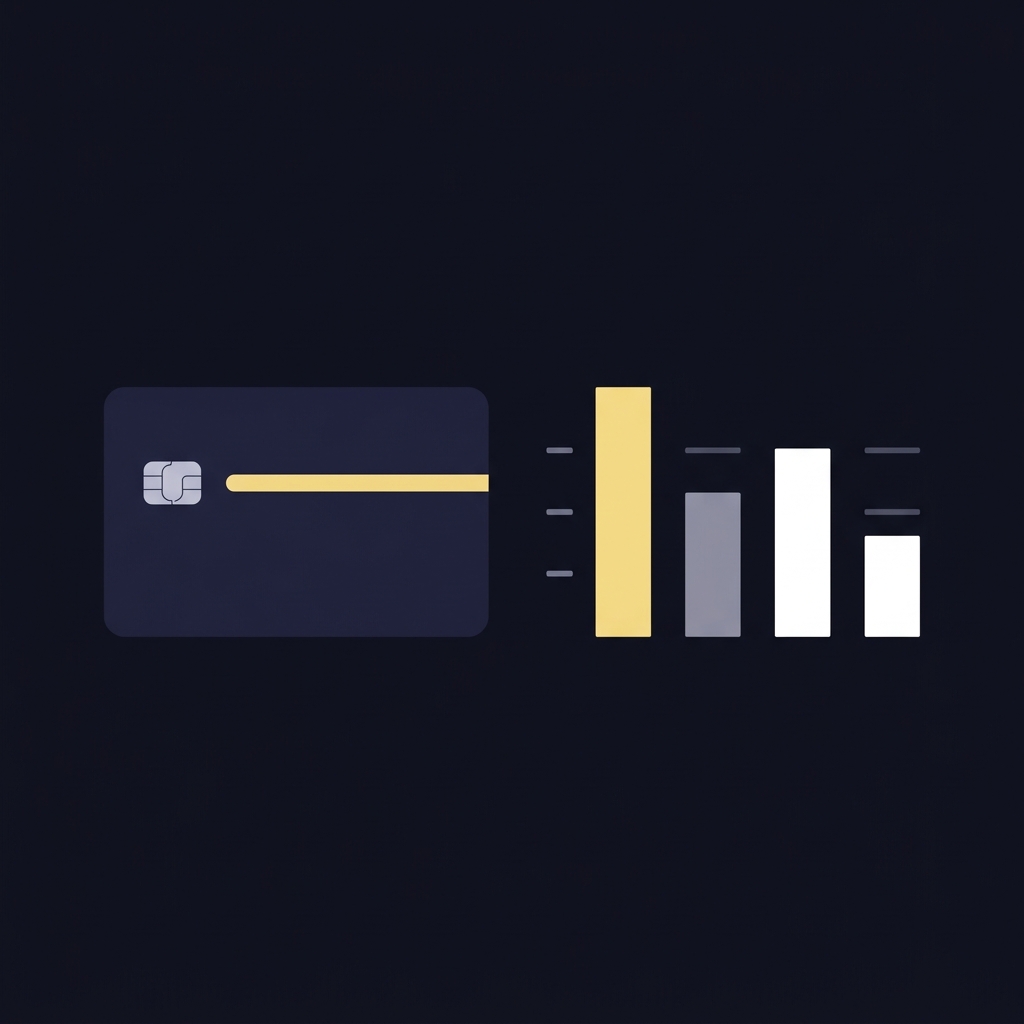 Minimal 2D vector of a credit card and simple bar chart showing distribution of balances and typical limits in Funded Plays brand colors american express odds
