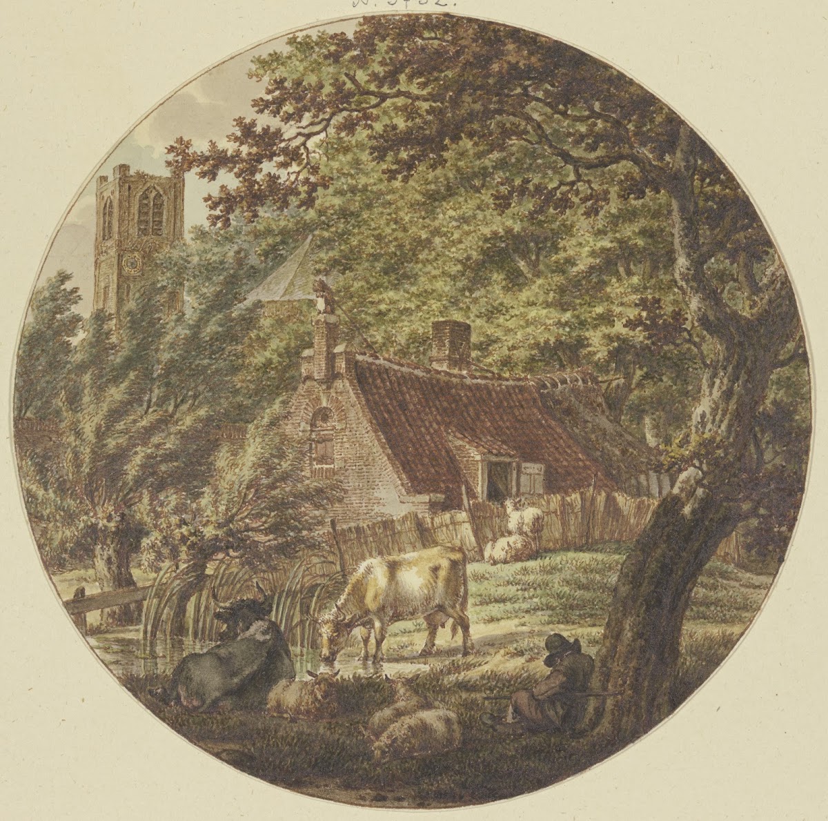 Hütte im Walde mit einigem Vieh links ein Kirchturm 1788