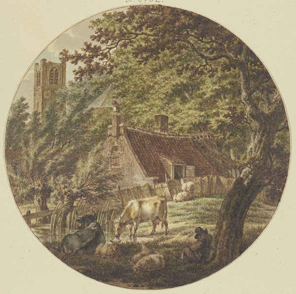 Hütte im Walde mit einigem Vieh links ein Kirchturm 1788