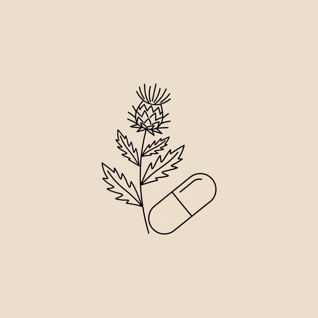 Minimalist 2D vector line illustration of a milk thistle plant with one capsule on a beige background, symbolizing silymarin daily supplement.