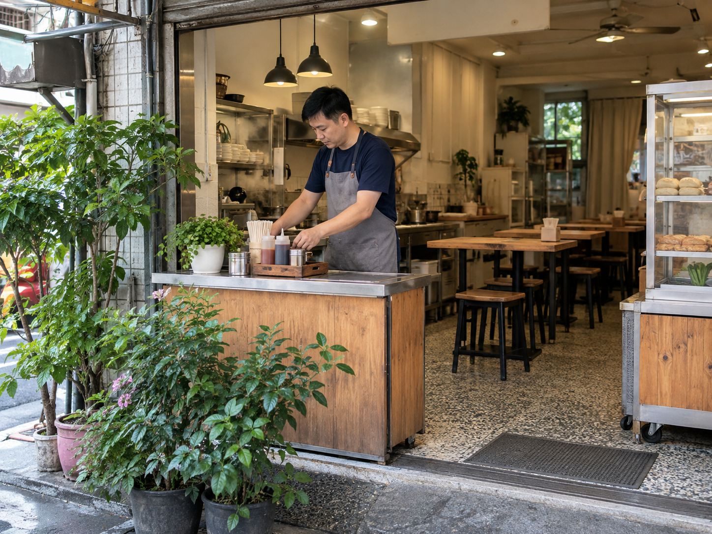 老闆整理小店門口