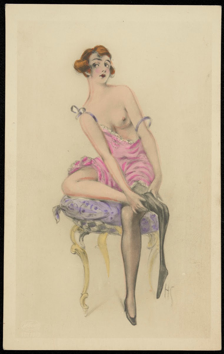 A woman in a negligee sitting on a stool 20th century