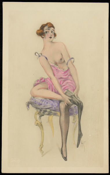 A woman in a negligee sitting on a stool 20th century
