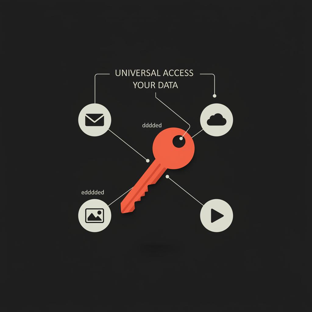 Minimal infographic: a red master key unlocking four light-gray app icons (mail, cloud drive, photo, video) on black background — Gmail and Google passwords same