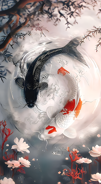 Yin Yang Koi Fish Harmony Minimalist Japanese Pond Art - Free mobile Wallpaper