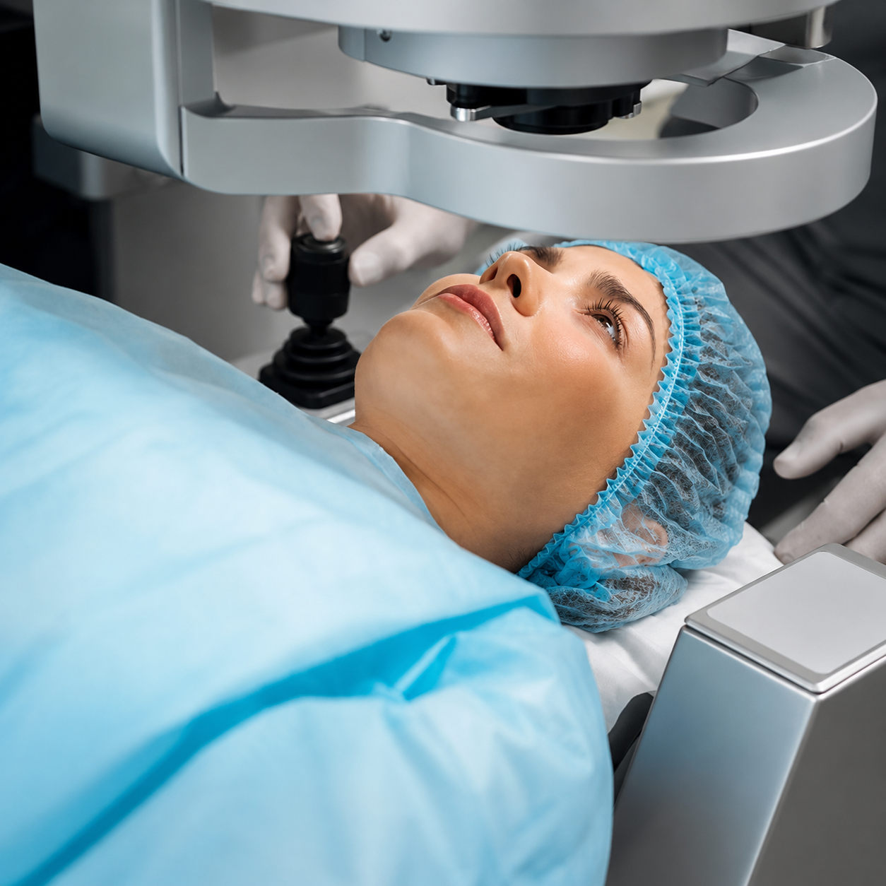 Patient using a magnifier and task lighting during low-vision support