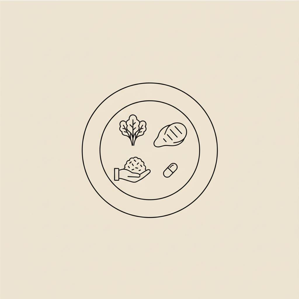 Minimal Tonum-style plate line illustration with palm-sized protein, fist-sized vegetable, cupped carbs and small capsule on beige background — lose belly fat fast men