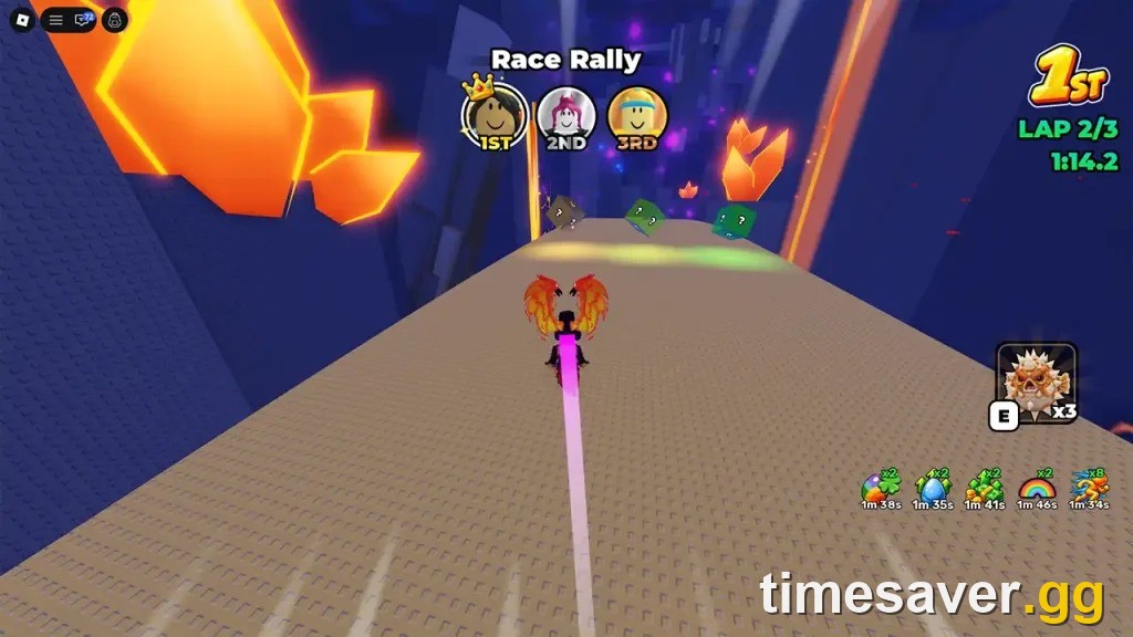 The Steal An Egg Racing Event HUD mid-race, showing Lap 2 of 3, placement and power-up timers