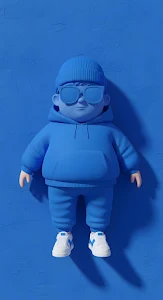 Monochromatic Blue 3D Character in Hoodie and Beanie