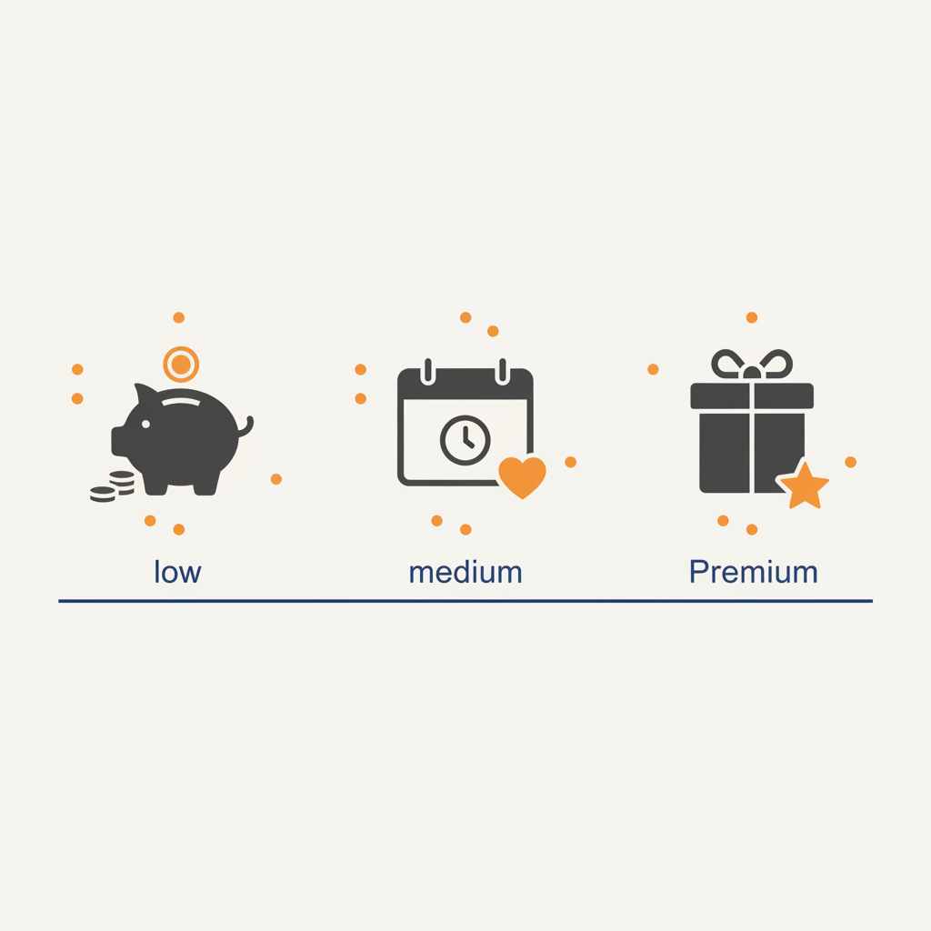 Minimalistische 2D-Vektorinfografik mit drei Budgetstufen (niedrig, mittel, premium) in Steelmonks-Farben, passend für zeit schenken geschenkideen.