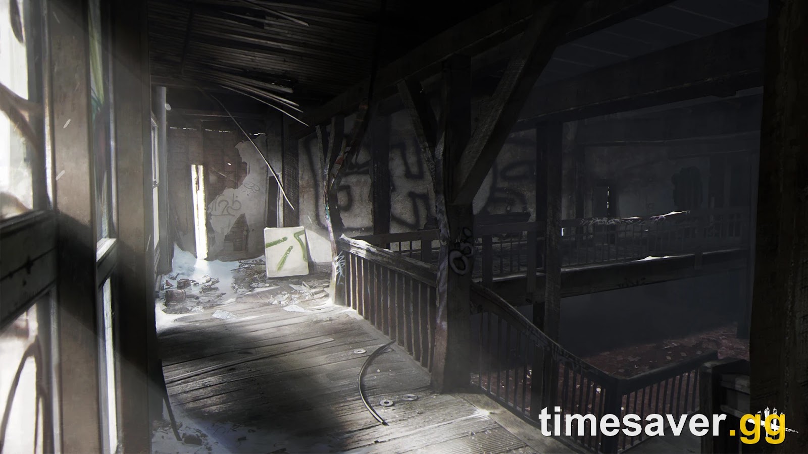Concept art of the Ormond ski lodge interior in Dead by Daylight, a graffiti-covered wooden balcony above a snowed-in lounge