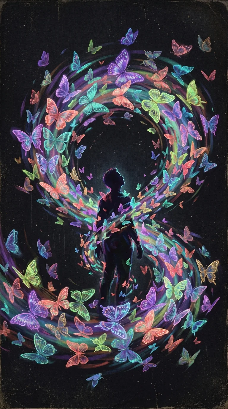Surreal Human Silhouette Enveloped in Vibrant Translucent Butterflies - Free 4K mobile Wallpaper