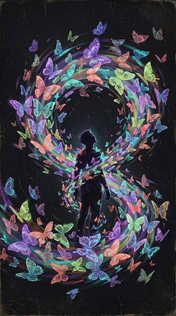 Surreal Human Silhouette Enveloped in Vibrant Translucent Butterflies
