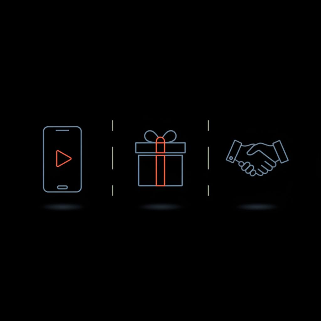 Infographic showing three horizontal icons (phone with play button, gift box, handshake) on a black background using Social Success Hub brand colors. How much does TikTok pay?
