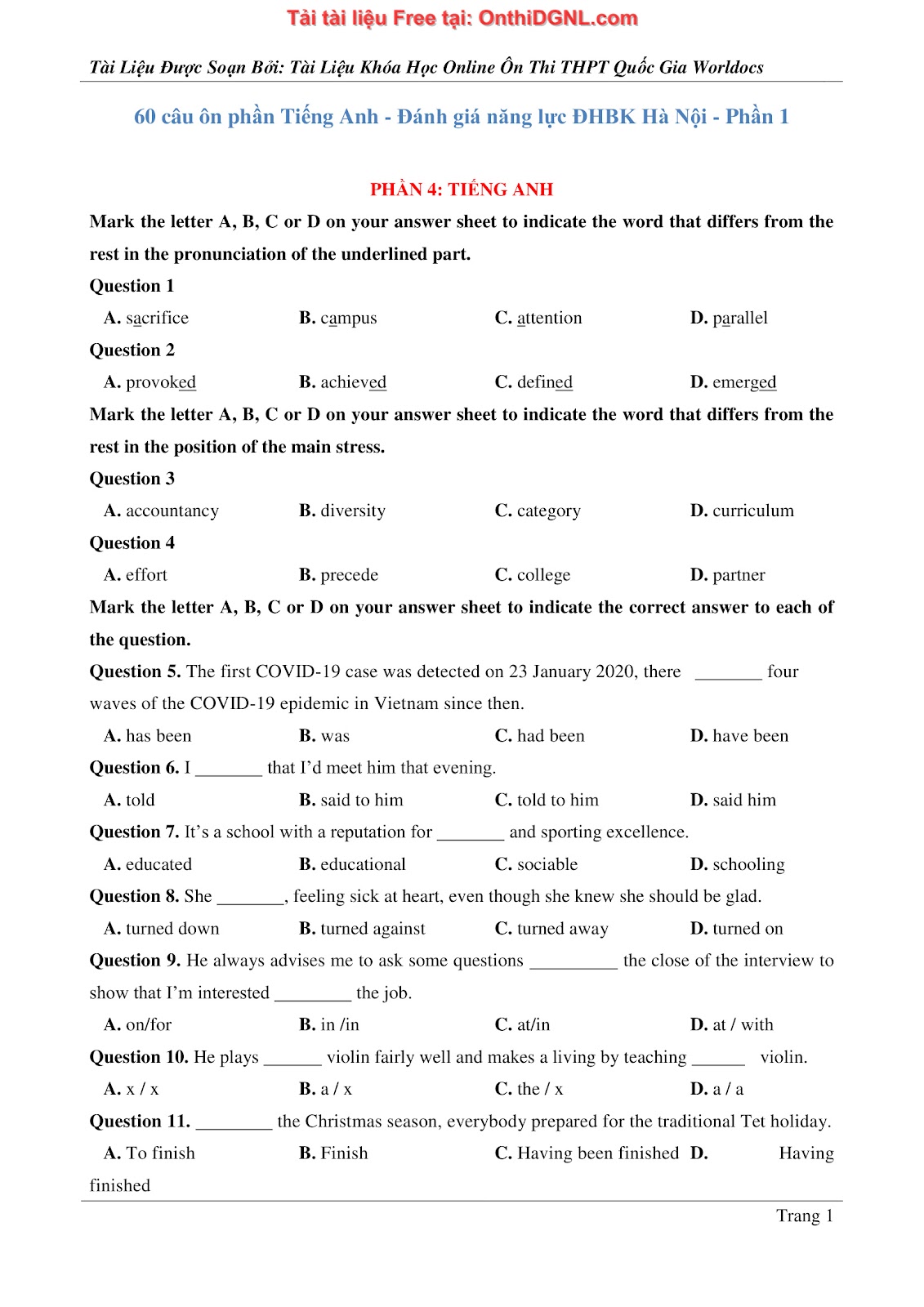 660 bài tập môn Tiếng Anh - Ôn thi ĐGNL ĐHBK Hà Nội