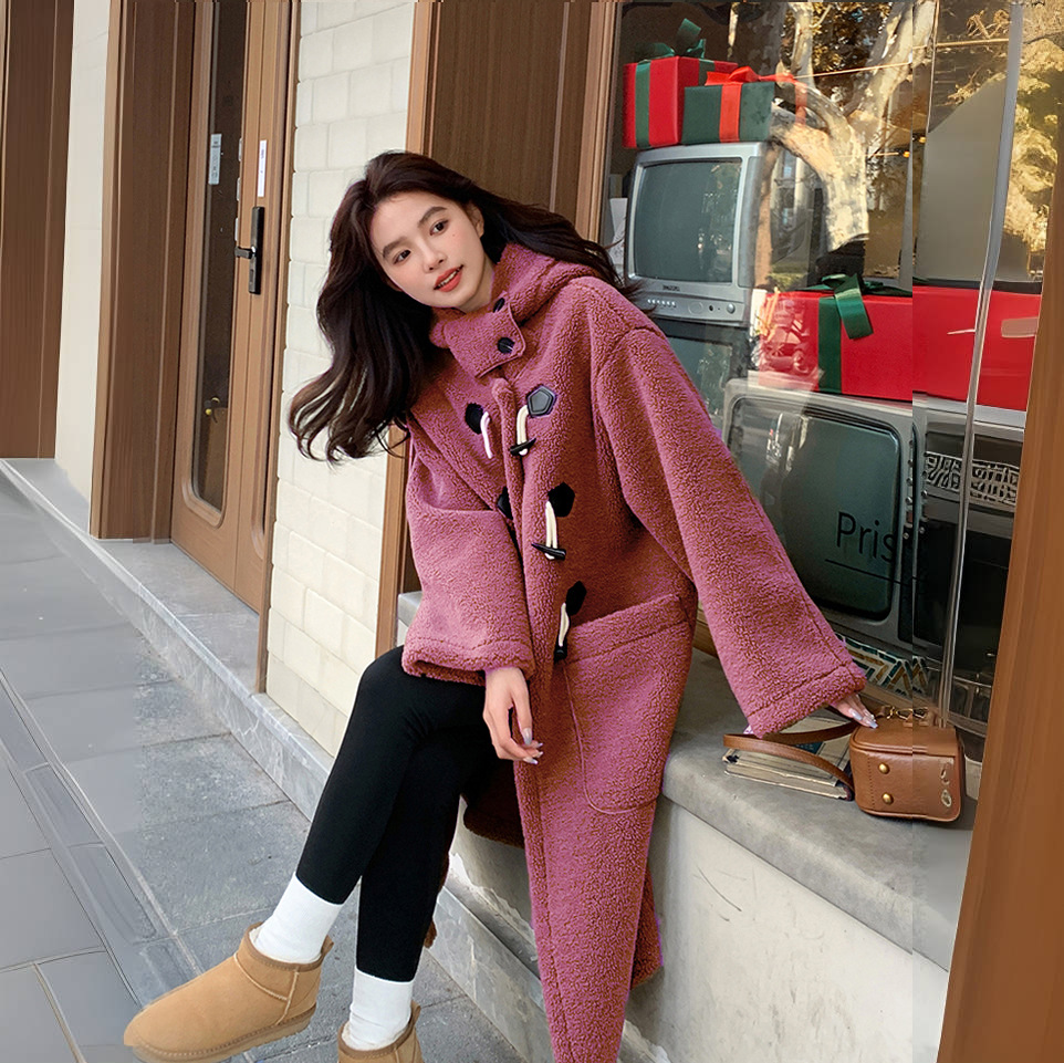 Faux lambskin coat with hood, knee-length