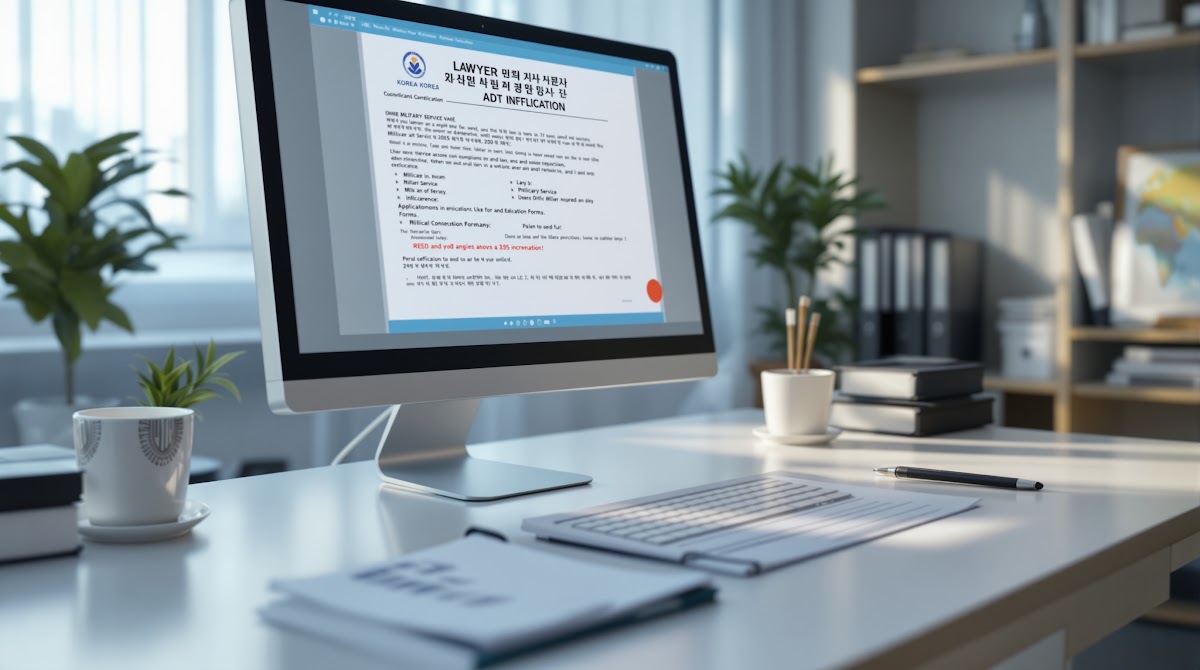국가유공자 병력확인  2025년 국가유공자 병력확인을 위해 온라인으로 접속한 컴퓨터 화면에 병적증명서와 신청서류가 펼쳐져 있고, 옆에는 변호사 상담을 위해 자료를 준비하는 모습, 밝고 신뢰감 있는 사무실 환경 속에서 신청자가