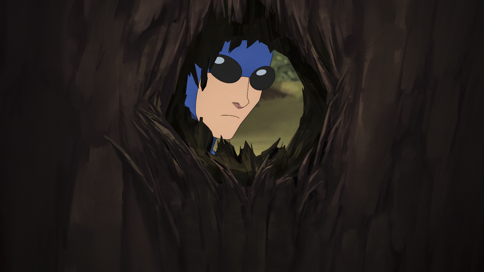 Blue Beetle Peeking Through Bark - 2D Animation Style 4K Wallpaper (3840x2160)