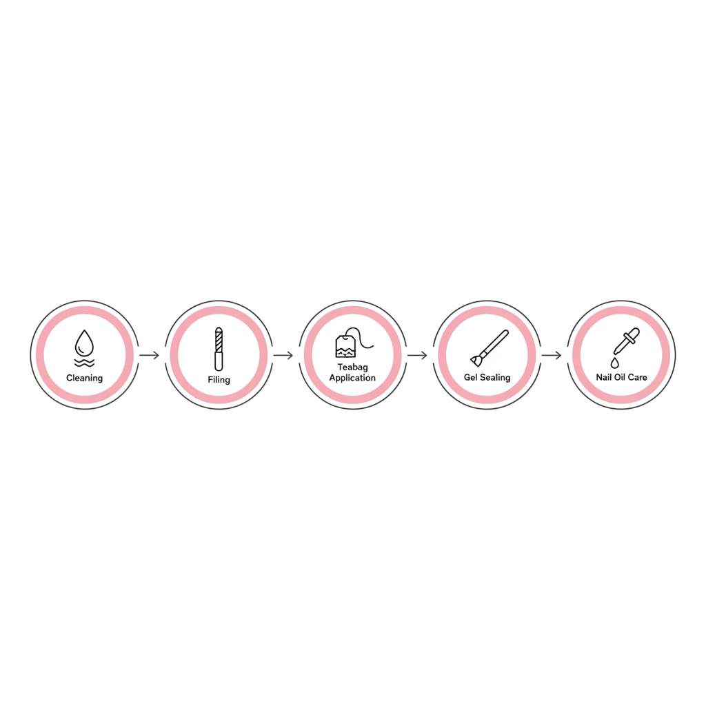 Minimalistische 2D-Vektor-Infografik mit fünf Icons (Reinigung, Feilen, Teebeutel-Auflage, Gel-Versiegelung, Nagelöl) zur Anleitung: Riss im Nagel reparieren