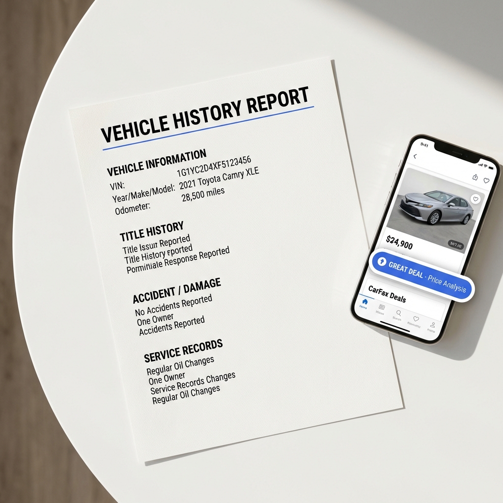 Close up vehicle history report on white table beside smartphone showing listing and price analysis badge in CarFax Deals blue minimalist composition gmc car dealership near me