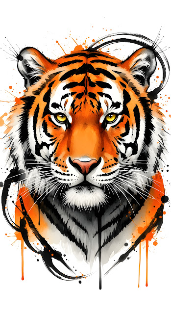 Dramatic Ink Wash and Watercolor Portrait of a Tiger Face with Abstract Splatters - Free mobile Wallpaper