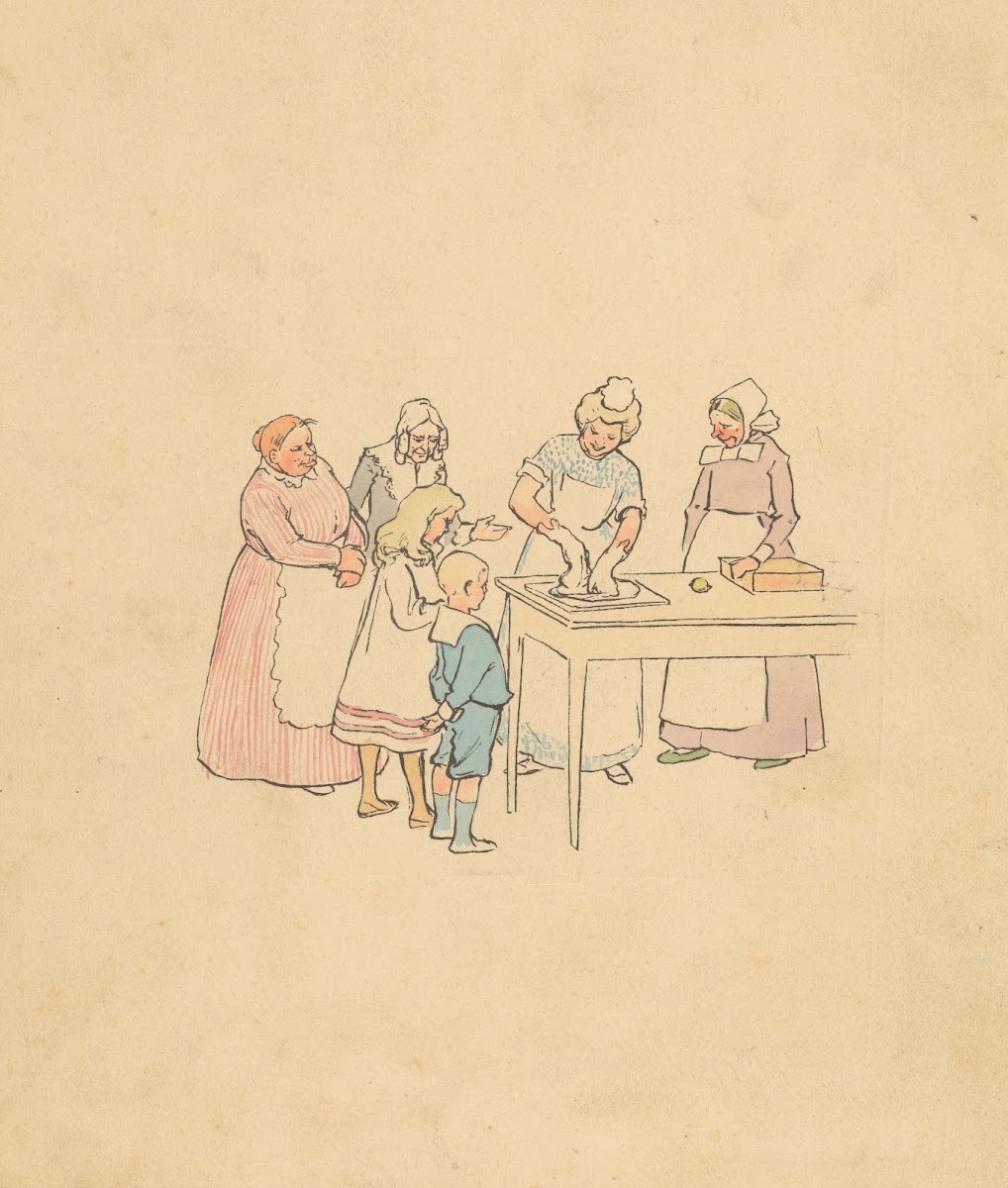 Groep kijkt naar vrouw die deeg kneedt 1880 1910
