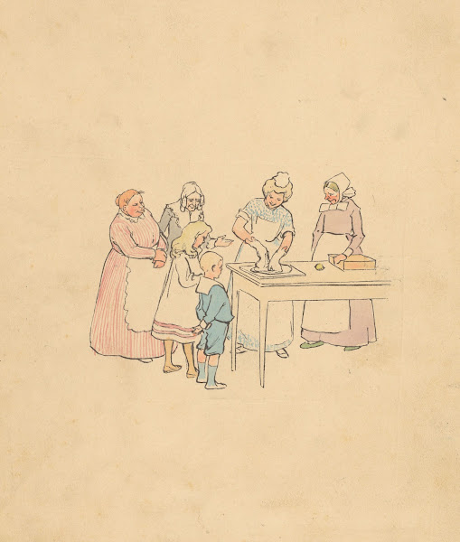 Groep kijkt naar vrouw die deeg kneedt 1880 1910