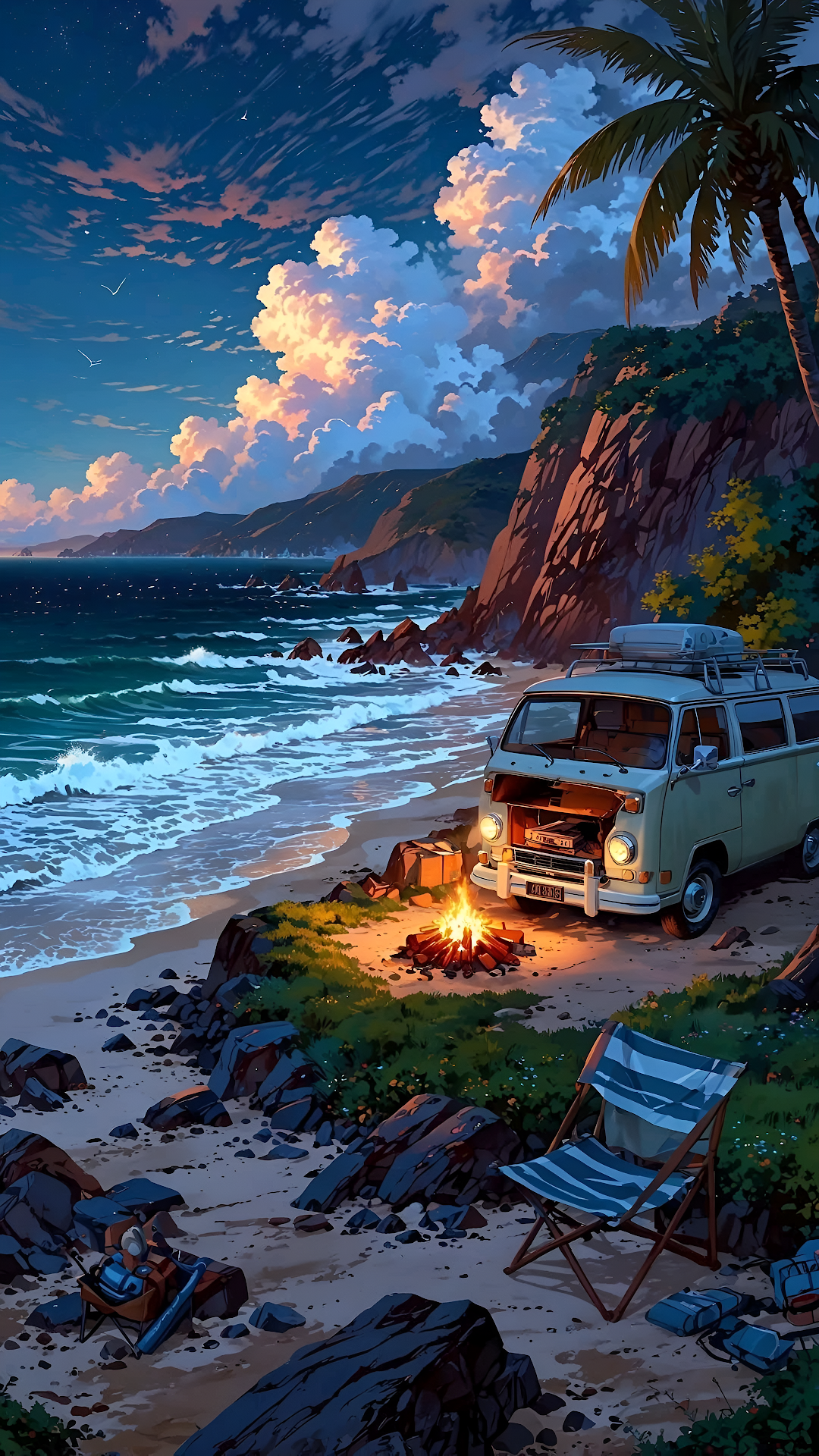Vintage Van Camping Beach Campfire Sunset Illustration Art - Free 4K mobile Wallpaper