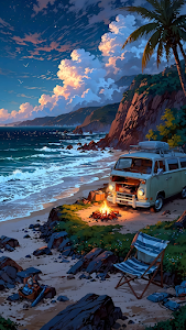 Vintage Van Camping Beach Campfire Sunset Illustration Art