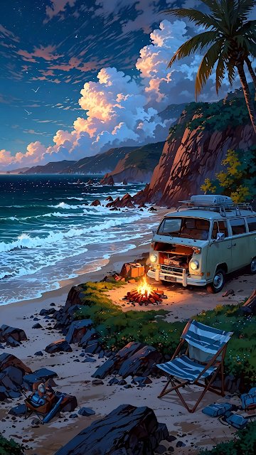 Vintage Van Camping Beach Campfire Sunset Illustration Art - Free mobile Wallpaper