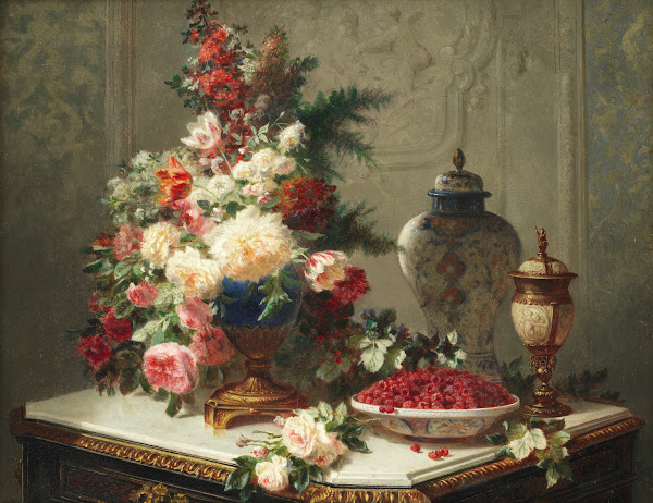 Still life with flowers and raspberries