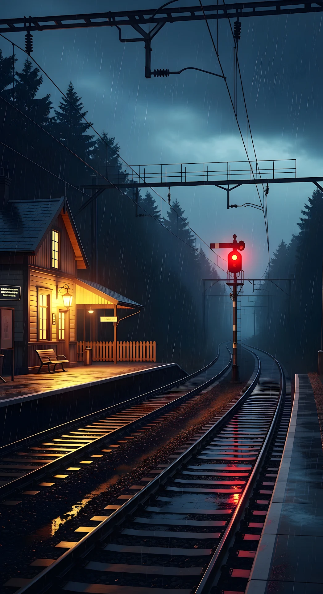 Moody Rainy Night Train Station Forest Railway Signal - Free 4K mobile Wallpaper