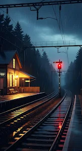 Moody Rainy Night Train Station Forest Railway Signal