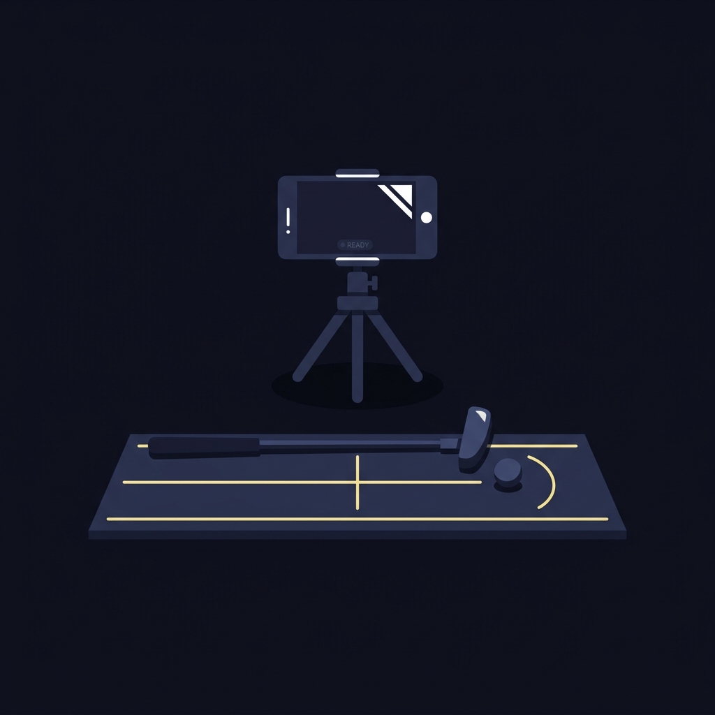 Why Putting Is Difficult to Predict minimalist 2D vector of a phone on a tripod recording a putter and golf ball face on with alignment marker lines in Funded Plays brand colors