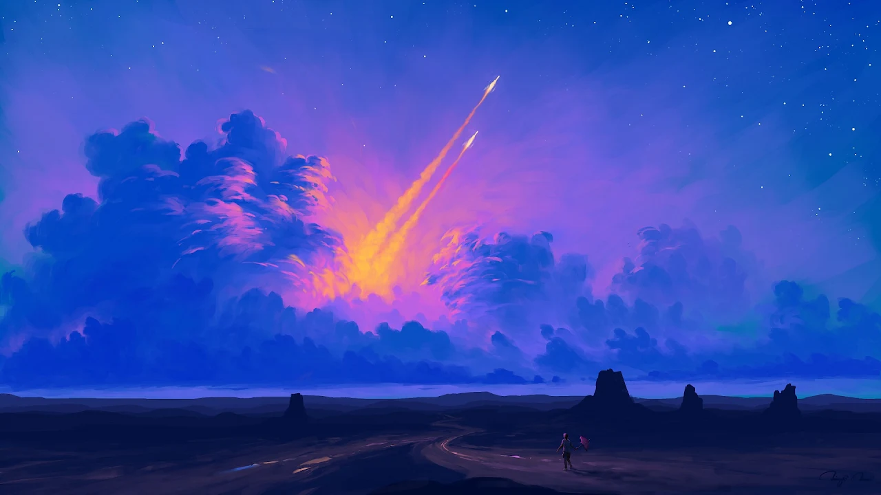 Digital Painting, Sky, Clouds, Landscape, Rocket Full HD Desktop Wallpaper