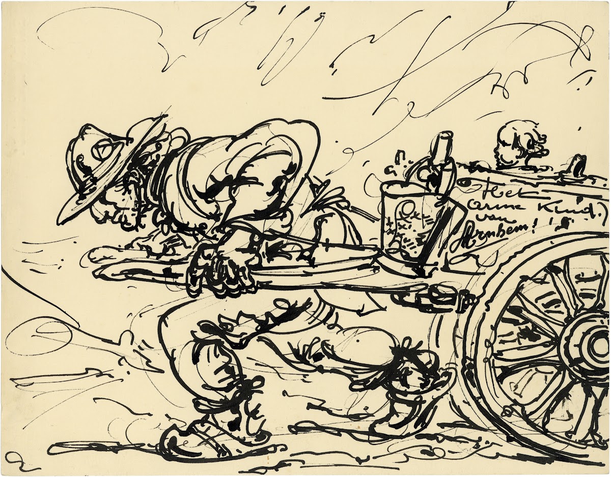 Man trekt stootkar met Het arme kind van Arnhem 1937
