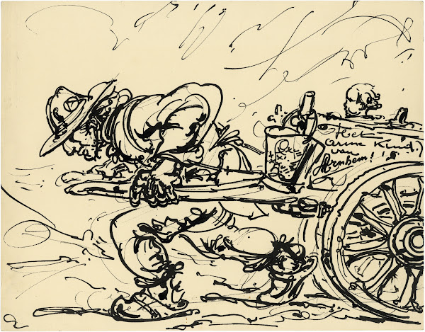 Man trekt stootkar met Het arme kind van Arnhem 1937